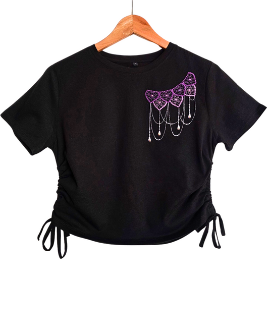 Necklace embroidered crop top with rhinestones
