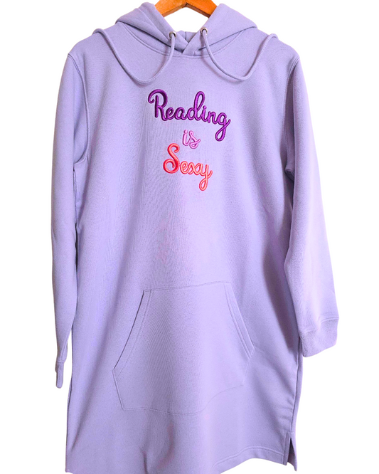 Lilac 3D Embroidered Hoodie Dress – “Reading is Sexy”