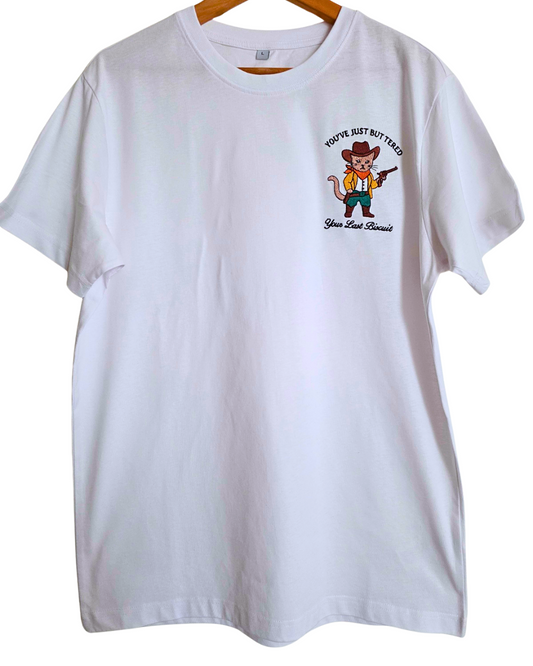 "You've just buttered your last biscuit" - cowboy cat embroidered t-shirt